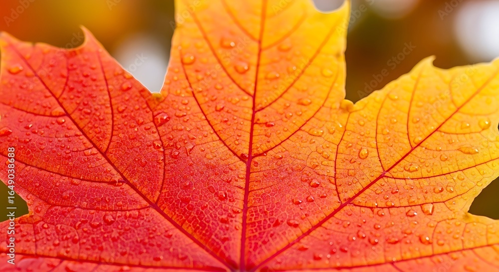 Obraz premium Close-up of a Vibrant Autumn Maple Leaf with Water Droplets