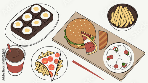 Popular comfort food meal with burger, pizza, french fries, brownies, grilled cheese, Caprese salad, and iced drink.