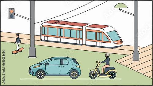 Urban city street with diverse transportation. People commuting by car, scooter, tram, and skateboard. Modern city life.