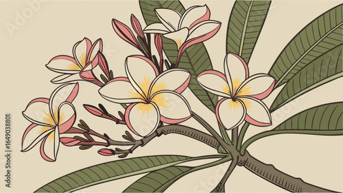 Plumeria flowers illustration. Tropical frangipani botanical drawing with white, pink, yellow blossoms and green leaves.