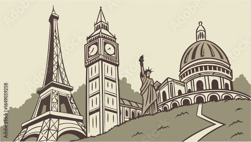 Famous World Landmarks Travel Illustration. Iconic Eiffel Tower, Big Ben, Statue of Liberty. Global destinations vintage art.