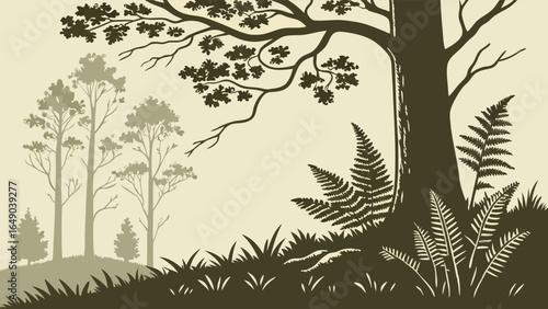 Forest landscape with trees and ferns. Vintage nature background, woodland scene, outdoor silhouette, peaceful view.
