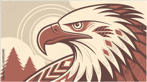 Native American eagle head graphic design with tribal patterns. Stylized bird of prey illustration, nature background.