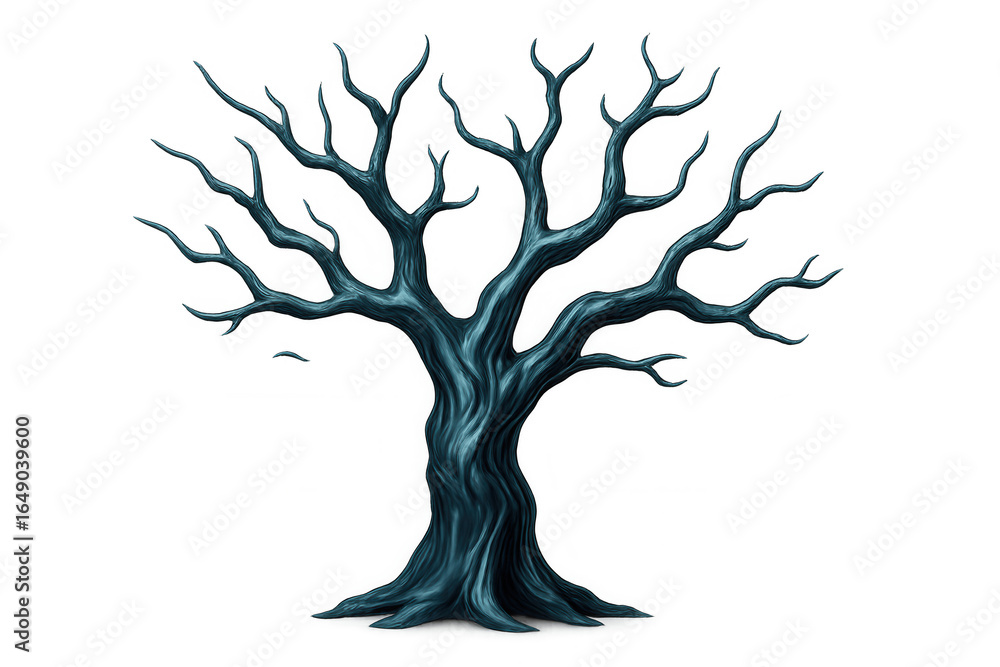 Fototapeta premium Illustration of a gnarled, leafless tree with a dark, twisted trunk and branches, isolated on a transparent background
