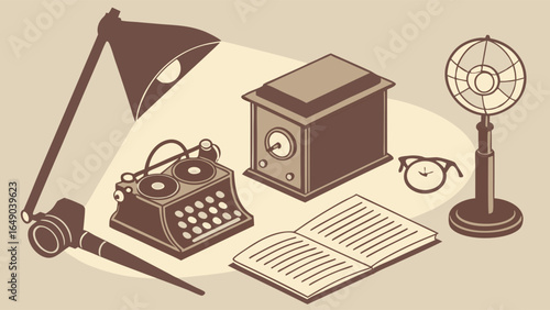 Vintage office desk with old typewriter, radio, microphone, book, lamp, and glasses. Retro journalism concept.