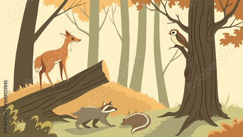 Cute forest animals illustration. Autumn woods scene with deer, raccoon, skunk, and bird. Nature and wildlife vector.