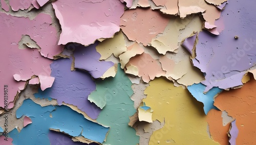 A close-up photograph of a textured wall with peeling paint, showing a variety of pastel colors