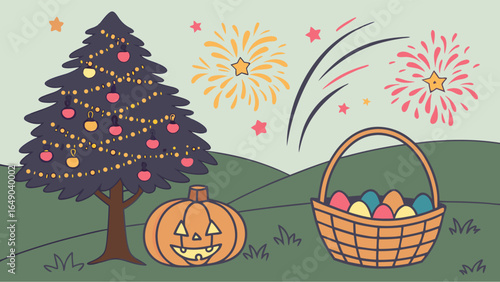 All major holidays and seasonal celebrations. Christmas tree, Halloween pumpkin, Easter eggs, and festive fireworks.