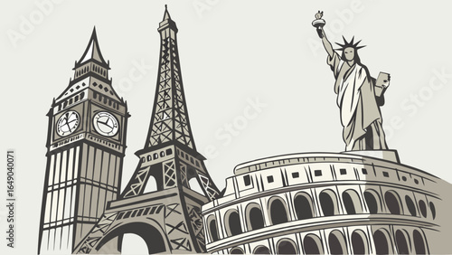 Famous world landmarks travel illustration. Big Ben, Eiffel Tower, Colosseum, Statue of Liberty sketch for global tourism.