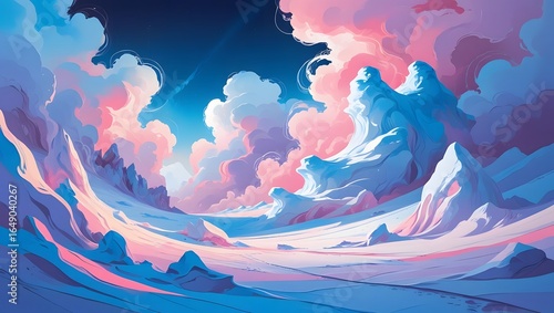 A digital painting of a fantastical landscape, featuring a surreal and dreamlike atmosphere
