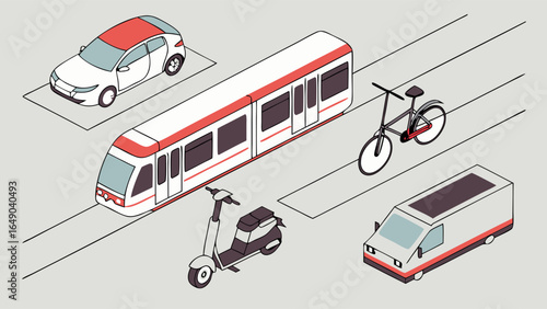 Various transportation modes car train bicycle scooter delivery van Urban city mobility logistics solutions