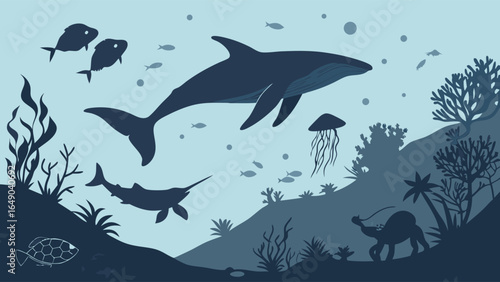 Underwater ocean marine life with whale shark fish jellyfish turtle and a camel on the seabed surreal concept