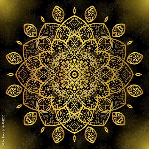 Golden Ornamental Mandala Art on Dark Background.