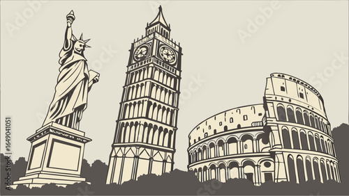 Iconic World Landmarks. Travel destinations with Statue of Liberty, Leaning Tower of Pisa, Colosseum in vintage style.
