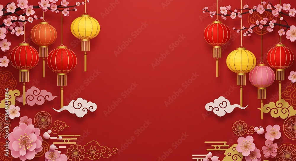 Obraz premium Happy Chinese new year design. 2025 Rat zodiac. Cute mouse cartoon. Vector illustration and banner concept .Festive Chinese lanterns Japanese, Korean, Vietnamese lunar new year. With generative ai .