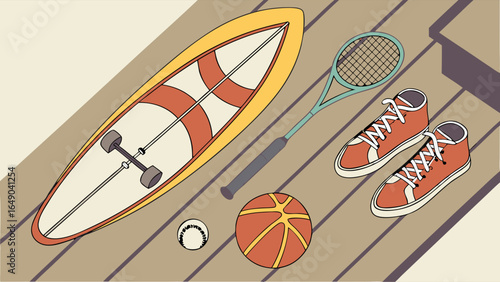 Collection of sports and fitness equipment on a wooden floor. Active lifestyle, healthy living, workout gear, and recreation.