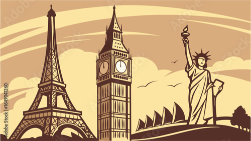 World famous landmarks travel concept. Iconic global architecture, tourism, vintage style. Paris, London, New York, Sydney.