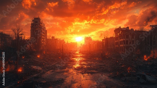 Post-Apocalyptic Cityscape at Sunset: A Fiery Ruin