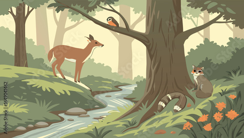 Cute cartoon forest animals: deer, raccoon, and owl in a peaceful woodland habitat with a flowing stream. Nature illustration.