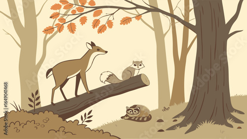 Woodland animals illustration. Cute deer, squirrel, and raccoon in a peaceful forest nature scene with trees and a log.