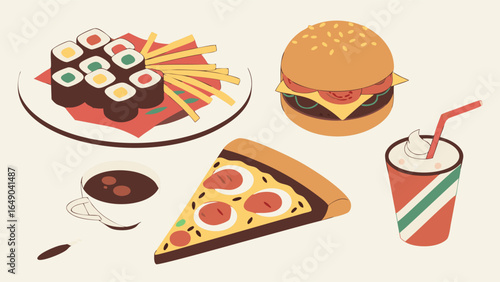 Fast food collection with sushi, hamburger, pizza, french fries, coffee, and milkshake.