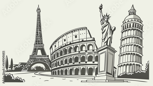Famous world landmarks travel. Iconic global monuments including Eiffel Tower, Colosseum, Statue of Liberty, Leaning Tower of Pisa.