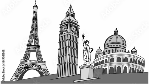 Eiffel Tower, Big Ben, Statue of Liberty. Famous world landmarks. Global travel destinations and tourism concept.