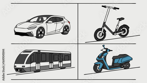 Different modes of transportation: car, electric scooter, train, and moped. Urban mobility, travel, and commute options.