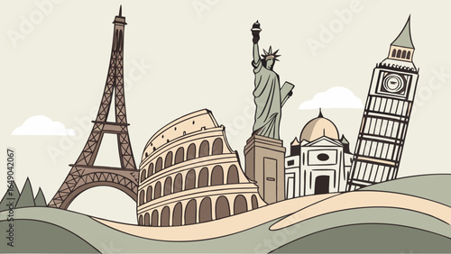 Global Travel and Tourism. Famous World Landmarks Illustration. Iconic Architecture for International Vacation Destinations.