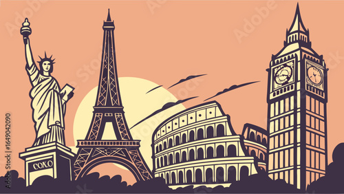 Global travel and tourism concept with famous world landmarks. Iconic architecture including Eiffel Tower, Statue of Liberty, Colosseum, Big Ben.