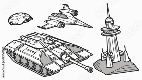 Futuristic sci-fi vehicles and buildings. Black and white line illustration of future technology and combat machines.