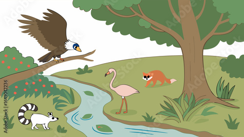 Wild animals in a natural forest habitat with a river and trees. Wildlife illustration for nature, environment, and ecosystem concepts.