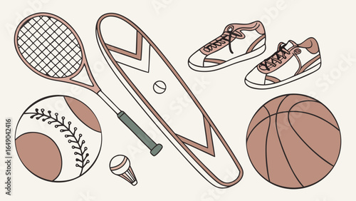 Sports gear collection with tennis racket, baseball, basketball, skateboard, and sneakers for active lifestyle and fitness.