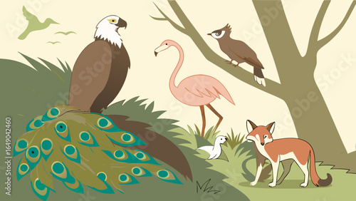 Whimsical cartoon animals in nature, including eagle with peacock feathers, flamingo, fox, owl, and birds wildlife.