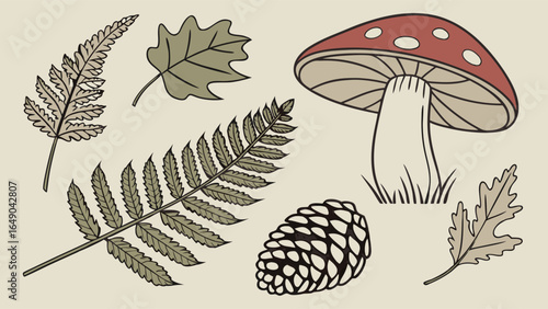 Autumn forest elements collection with fall leaves, mushroom, and pine cone. Nature inspired woodland botanical set.