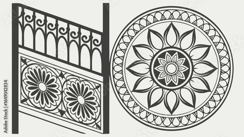 Decorative floral patterns and ornamental ironwork designs. Vintage classic metal fence and round rosette vector illustration.
