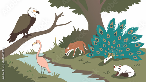 Wild animals in natural forest habitat with stream. Eagle, flamingo, fox, peacock, ferret in nature scene.