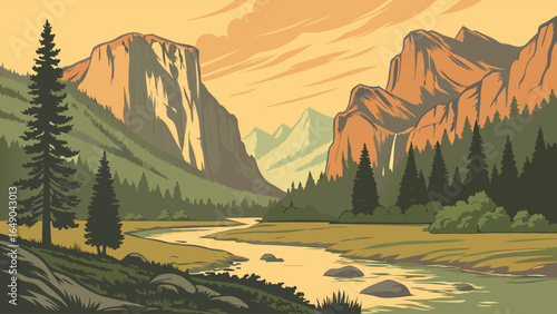 Scenic beautiful nature landscape of a mountain valley with a flowing river, tall pine trees, and a warm golden hour sky.