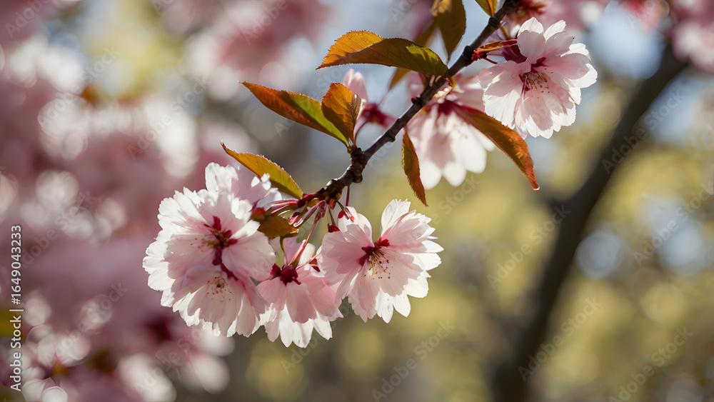 Obraz premium Sunlight Illuminates a Cluster of Pink Cherry Blossoms on a Branch