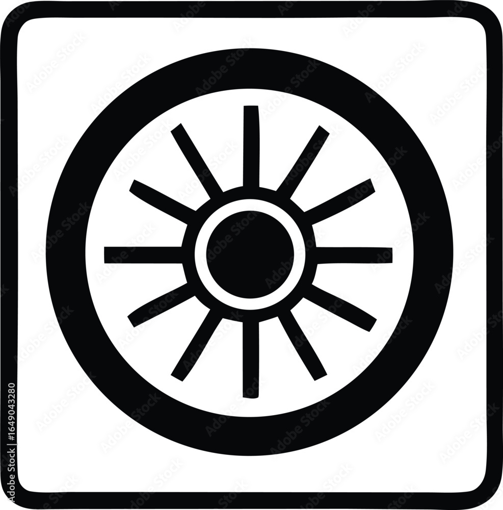 A stark black and white graphic symbol featuring a circular design with radiating spokes resembling a stylized wheel or sun A stark black and white graphic symbol featuring a circular design with radiating spokes resembling a stylized wheel or sun