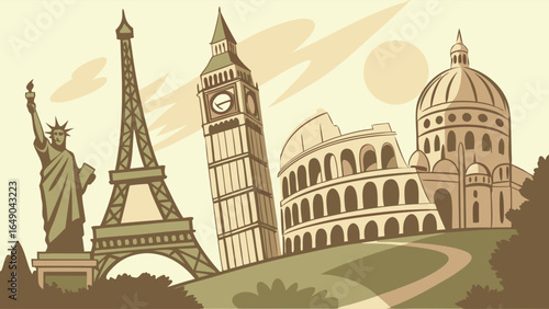 Vintage travel illustration with famous world landmarks. Global tourism and iconic international destinations.