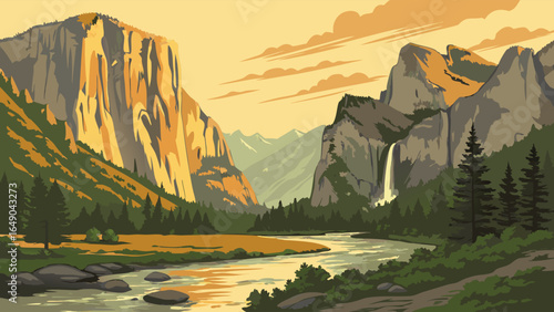 Yosemite National Park Valley landscape with river, mountains, waterfall, and golden sunset. Scenic travel destination.