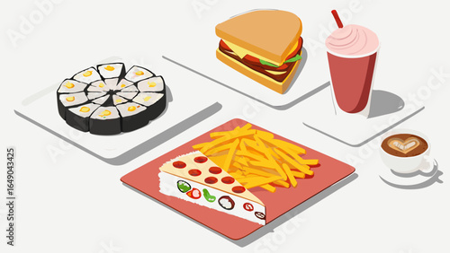 Isometric view of popular fast food items: pizza, burger, french fries, sushi, milkshake, and coffee. Unhealthy meal options.