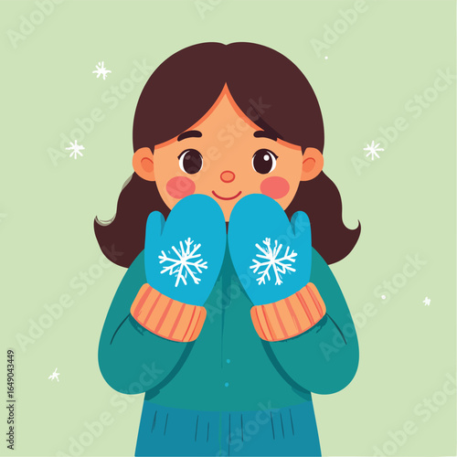 Cartoon illustration of a girl wearing blue mittens with snowflakes, against a light green background with falling snow.
