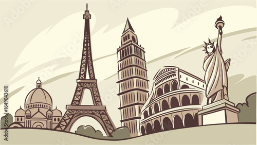 Iconic world landmarks panorama for international travel and tourism. Famous monuments like Eiffel Tower, Colosseum, Statue of Liberty.