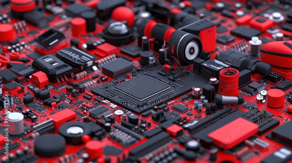 Fototapeta premium Abstract Red and Black Circuit Board: A 3D Render of Technological Components