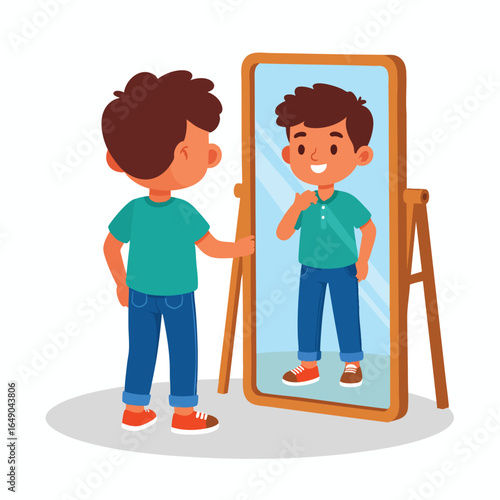 A young boy stands in front of a mirror, admiring his reflection with a smile.