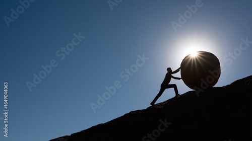 Silhouette of a person pushing a large round stone uphill against a bright sunlit sky, symbolizing effort and perseverance.