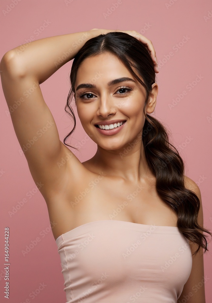 Photo of a young woman smiling and holding her arm up, showcasing her clean armpit and smooth skin, representing personal hygiene and a confident beauty routine Photo of a young woman smiling and holding her arm up, showcasing her clean armpit and smooth skin, representing personal hygiene and a confident beauty routine