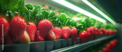 Rows of Fresh Strawberries in a Supermarket Display